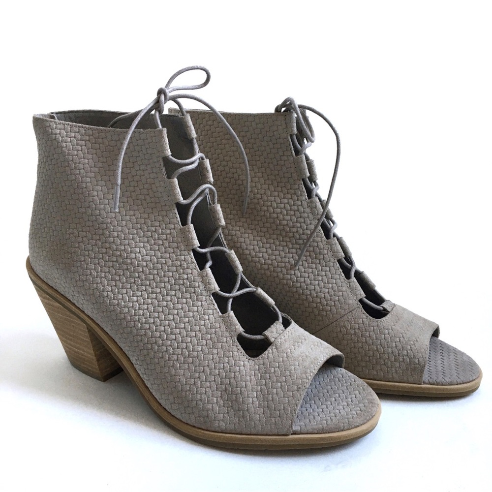 Eileen Fisher Slew Lace Up Open Toe Basket Weave Print Boots Earth Taupe Size 11
